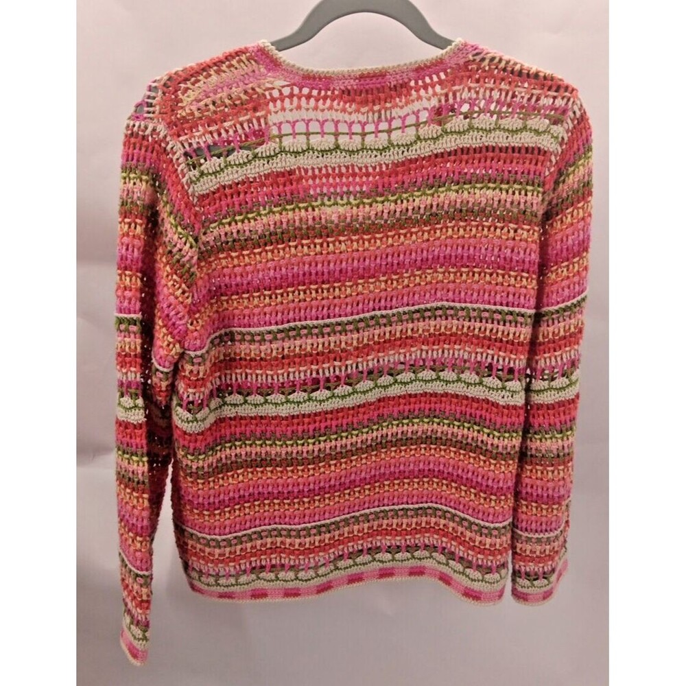 Norm Thompson Vintage Pink Green Red Striped Open Knit Crocheted Cardigan Size M - Picture 5 of 7